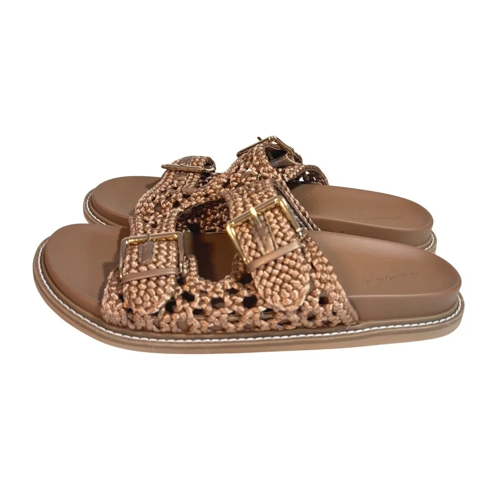 Universal Thread Kylie Tan Bronze Woven Double Buckle Slide Sandals Size 11